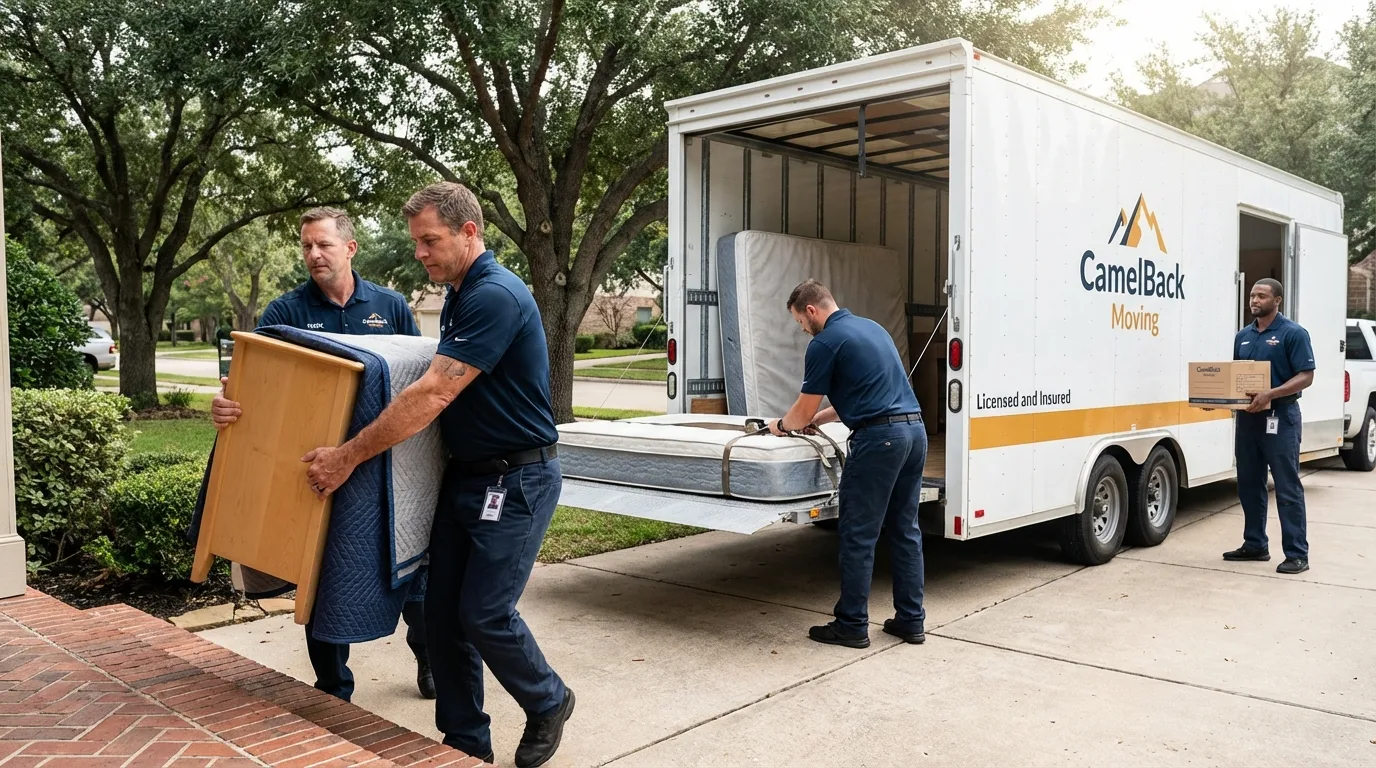 Crew loading residential truck for cross-state move from Jasper, TX