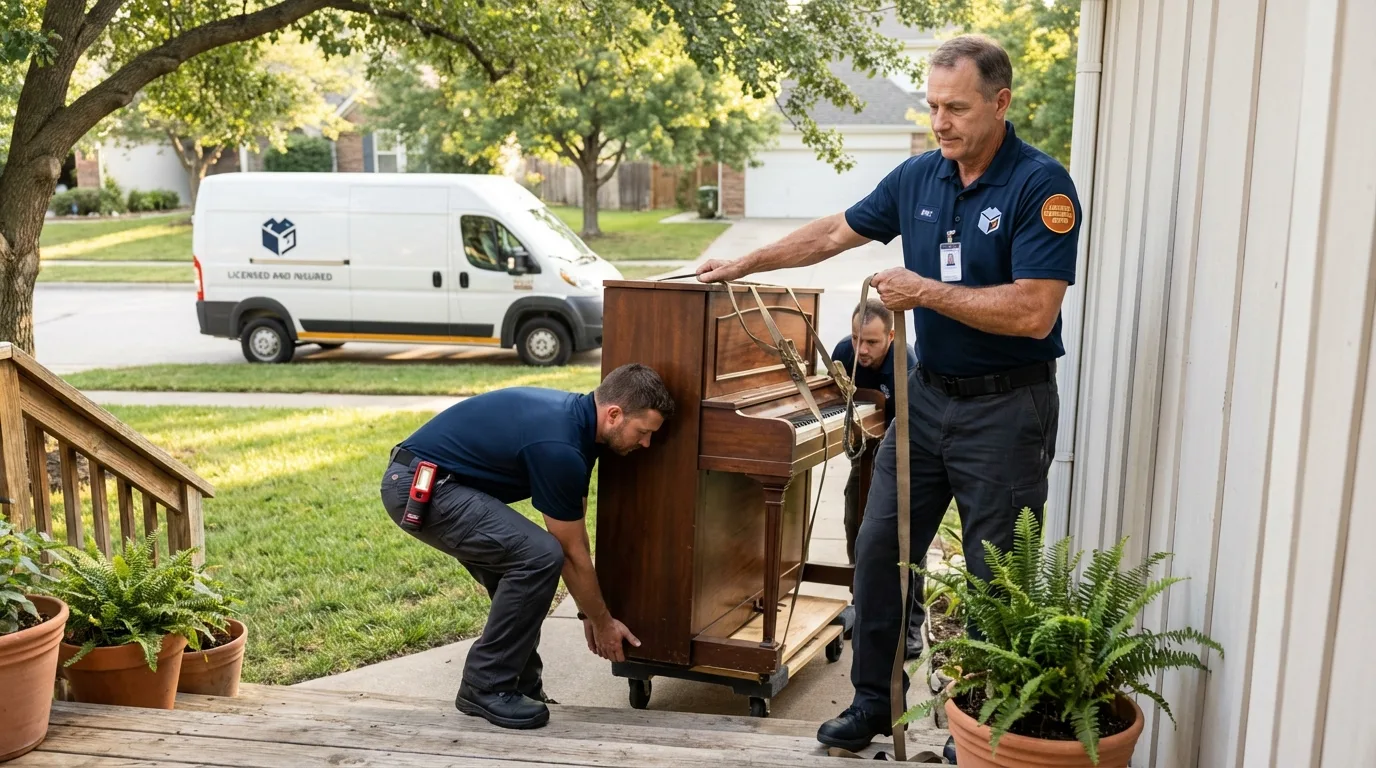 Licensed piano movers securing grand piano in Jasper, TX