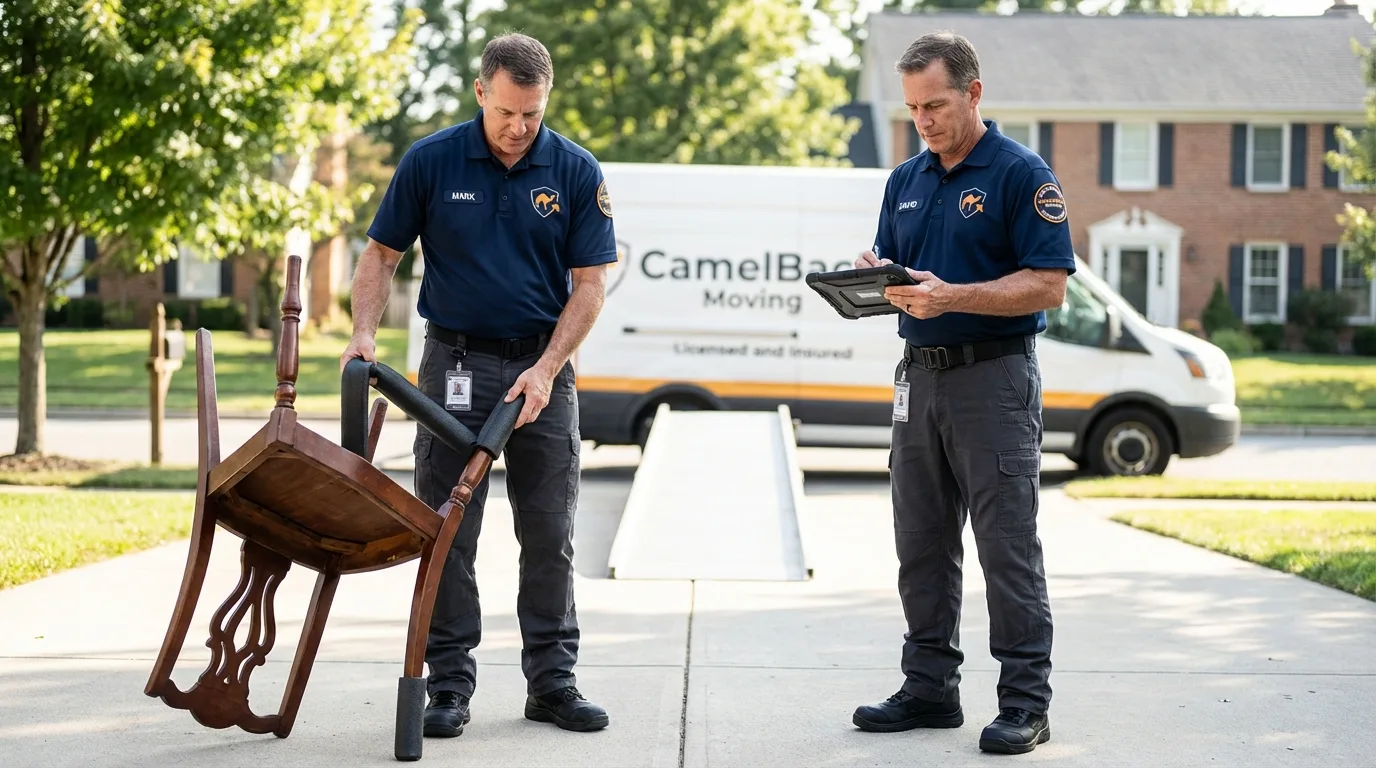 Movers inspecting furniture for damage prevention before loading in Jasper, TX