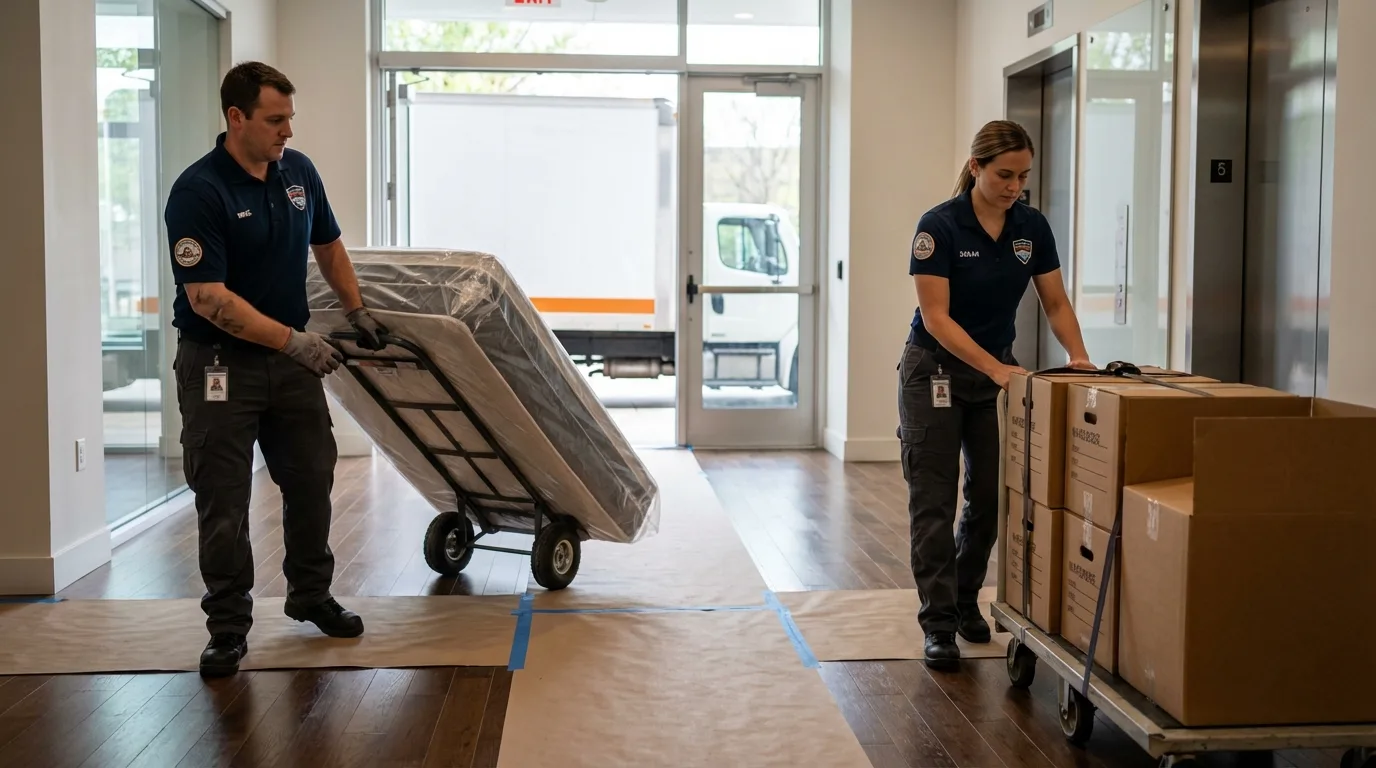 Professional apartment movers loading elevator in Jasper, TX